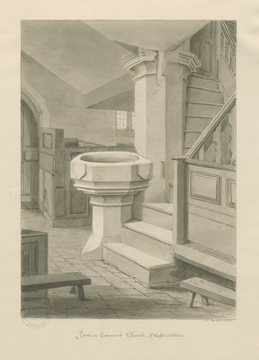 Pila bautismal en la Iglesia de Cannock de John Chessell Buckler