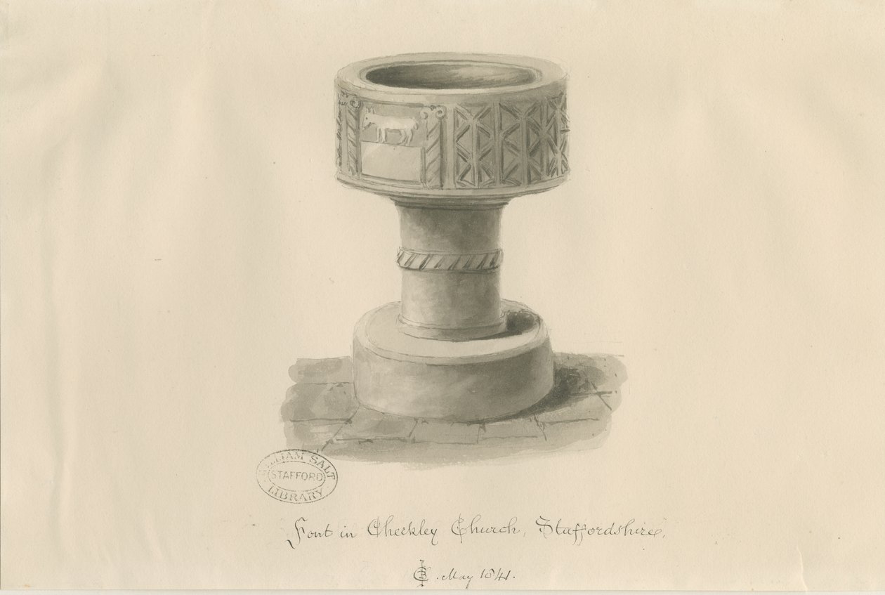 Pila bautismal en la Iglesia de Checkley de John Chessell Buckler