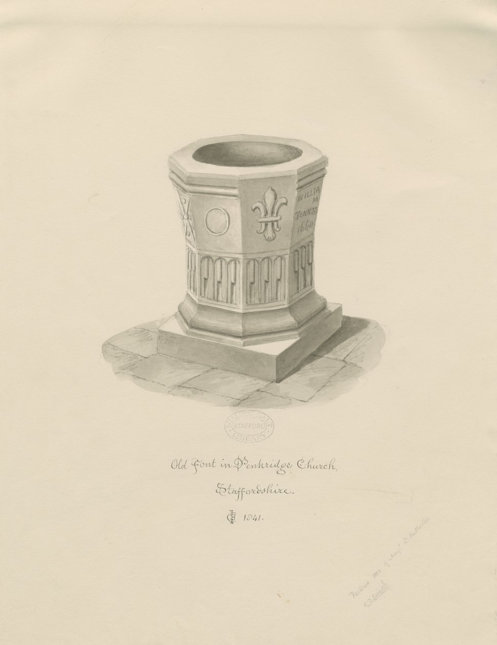 Pila bautismal en la Iglesia de Penkridge: dibujo en sepia, 1841 de John Chessell Buckler