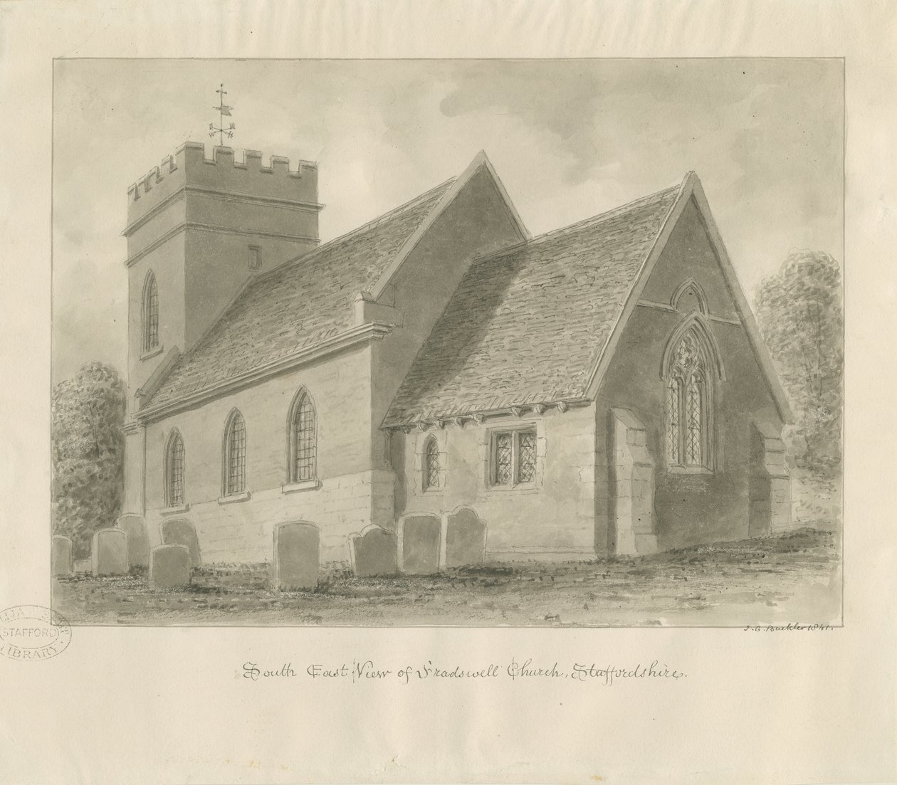 Iglesia de Fradswell: dibujo a tinta sepia de John Chessell Buckler