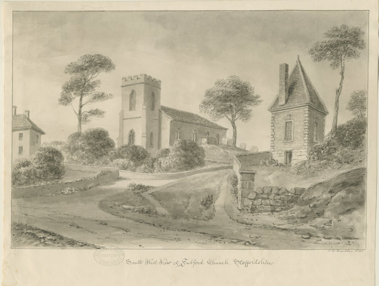 Iglesia de Fulford: dibujo en sepia de John Chessell Buckler