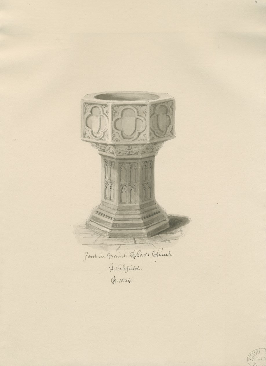 Lichfield - Pila Bautismal en la Iglesia de San Chad: dibujo en sepia de John Chessell Buckler