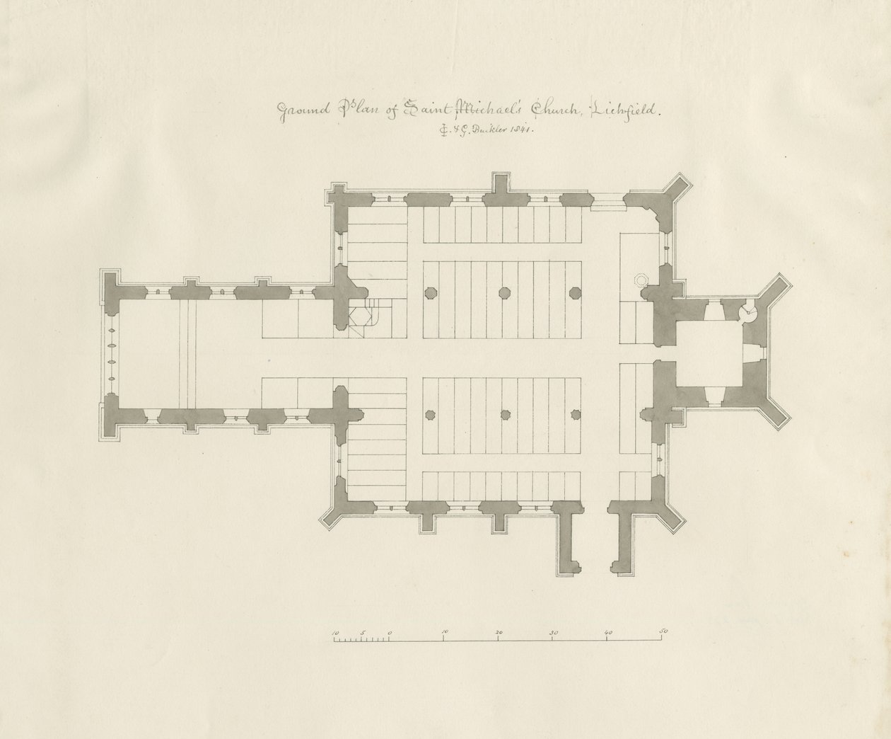 Plano de planta de la Iglesia de St. Michael, Lichfield de John Chessell Buckler