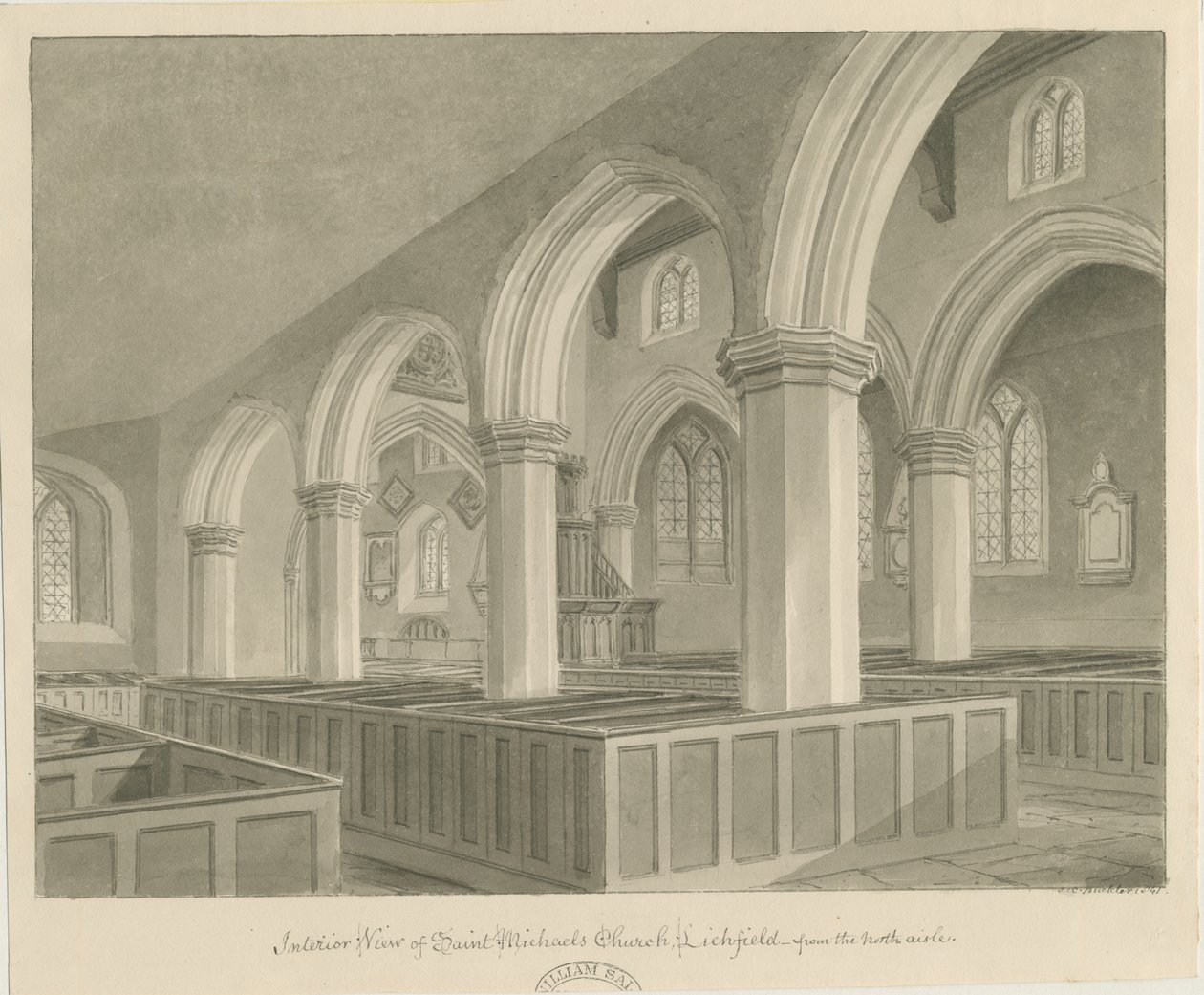 Lichfield - Interior de la Iglesia de San Miguel: dibujo en sepia de John Chessell Buckler