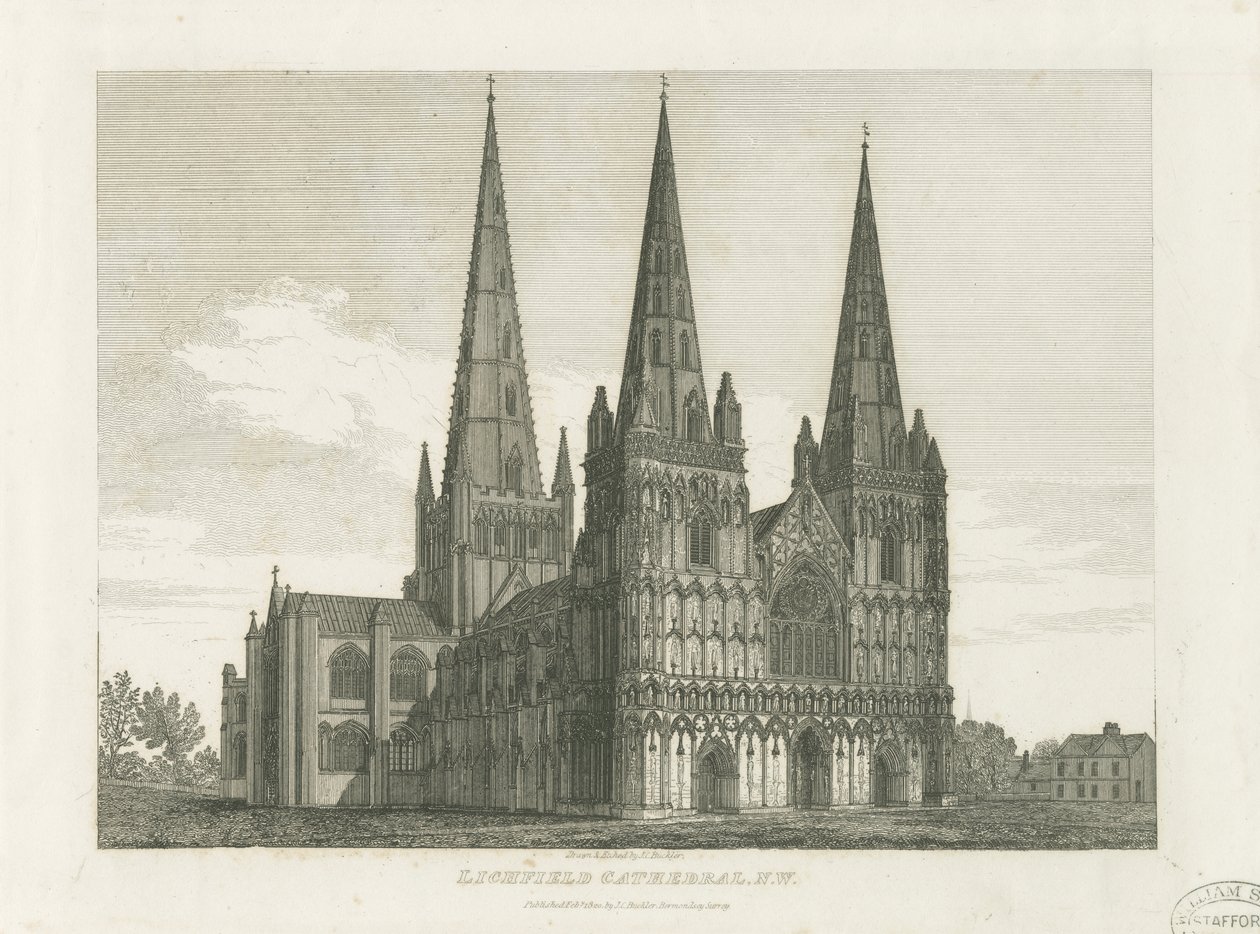 Catedral de Lichfield - Fachada Oeste: grabado, s.f. [c. 1820] de John Chessell Buckler