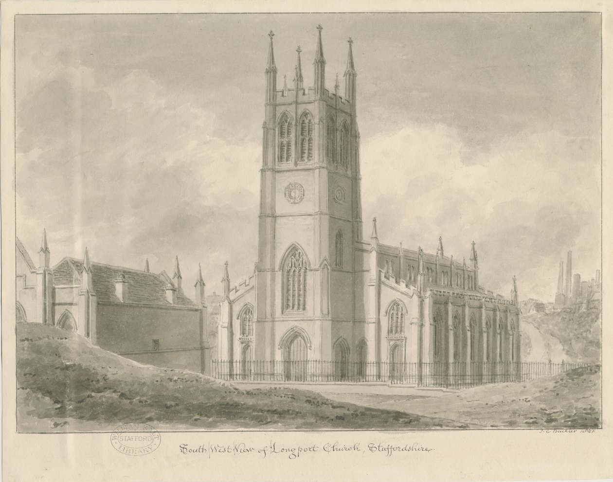 Iglesia de Longport - San Pablo: dibujo en sepia de John Chessell Buckler