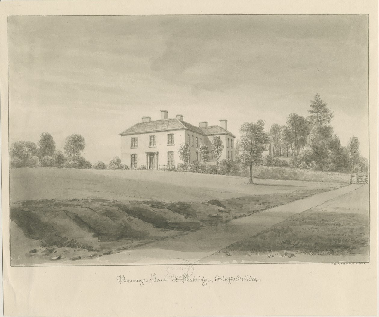 Penkridge - Casa del Párroco: dibujo en sepia de John Chessell Buckler