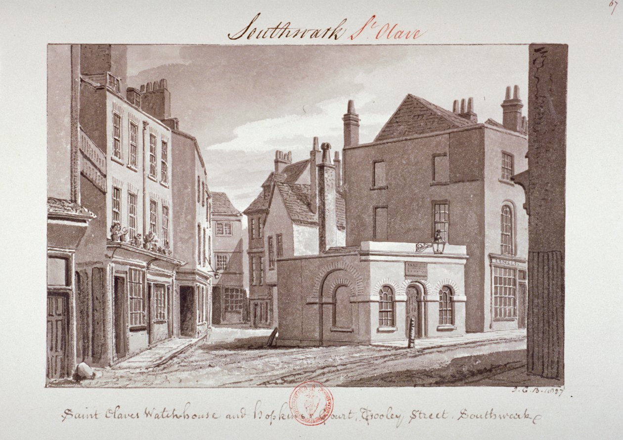 La casa de vigilancia de Saint Olave y el patio de Hopkins cerca de Tooley Street, Southwark, Londres de John Chessell Buckler
