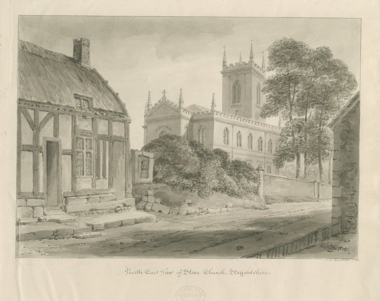 Iglesia de Stone: dibujo en sepia de John Chessell Buckler