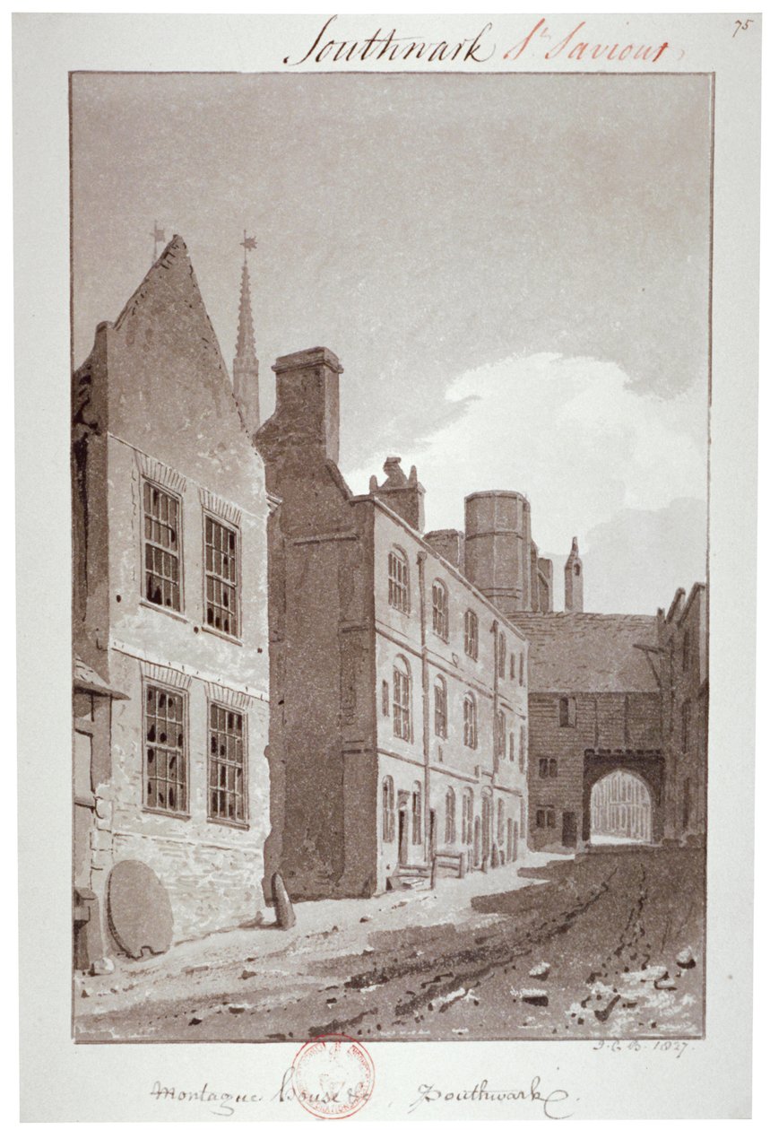 Vista hacia la puerta de Montague House, Southwark, Londres de John Chessell Buckler