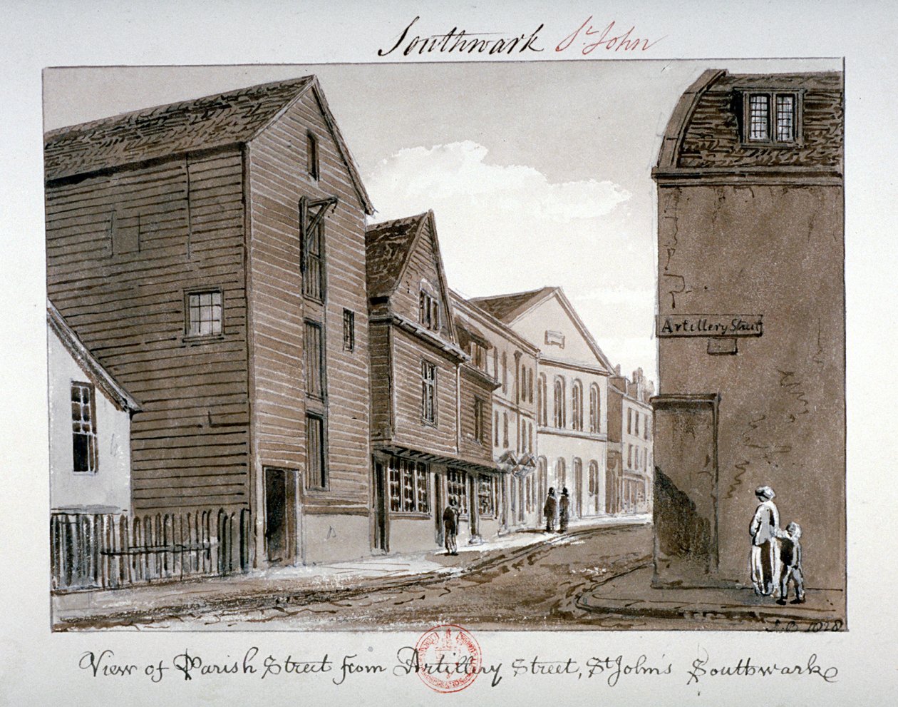 Vista de Parish Street y Artillery Street, Bermondsey, Londres, 1828 de John Chessell Buckler