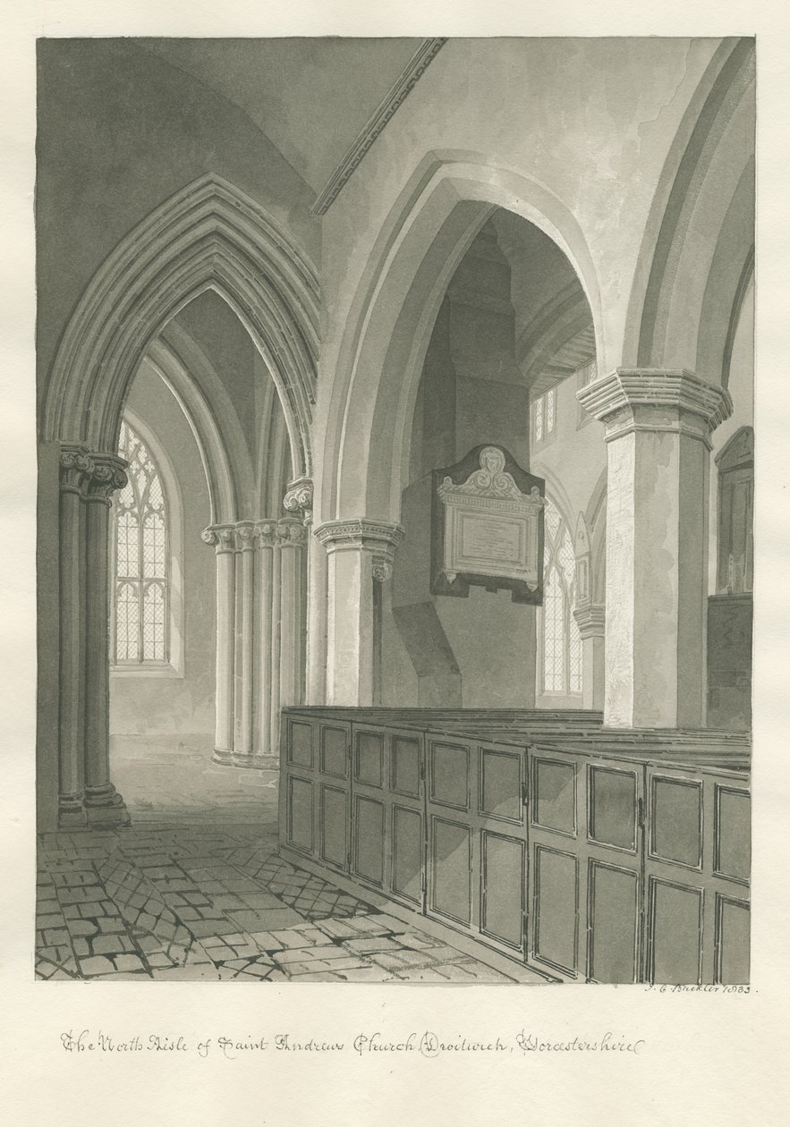 Worcestershire - Droitwich - Interior de la Iglesia de San Andrés: dibujo en sepia de John Chessell Buckler