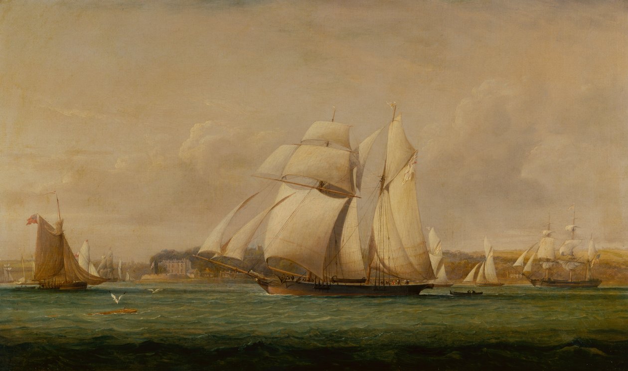 Un Goleta de Vela Alta, Dos Cortadores del Escuadrón Real de Yates y un Barco Mercante Americano de John Christian Schetky