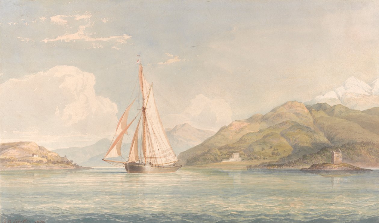 Barco navegando a la izquierda con montañas al fondo de John Christian Schetky