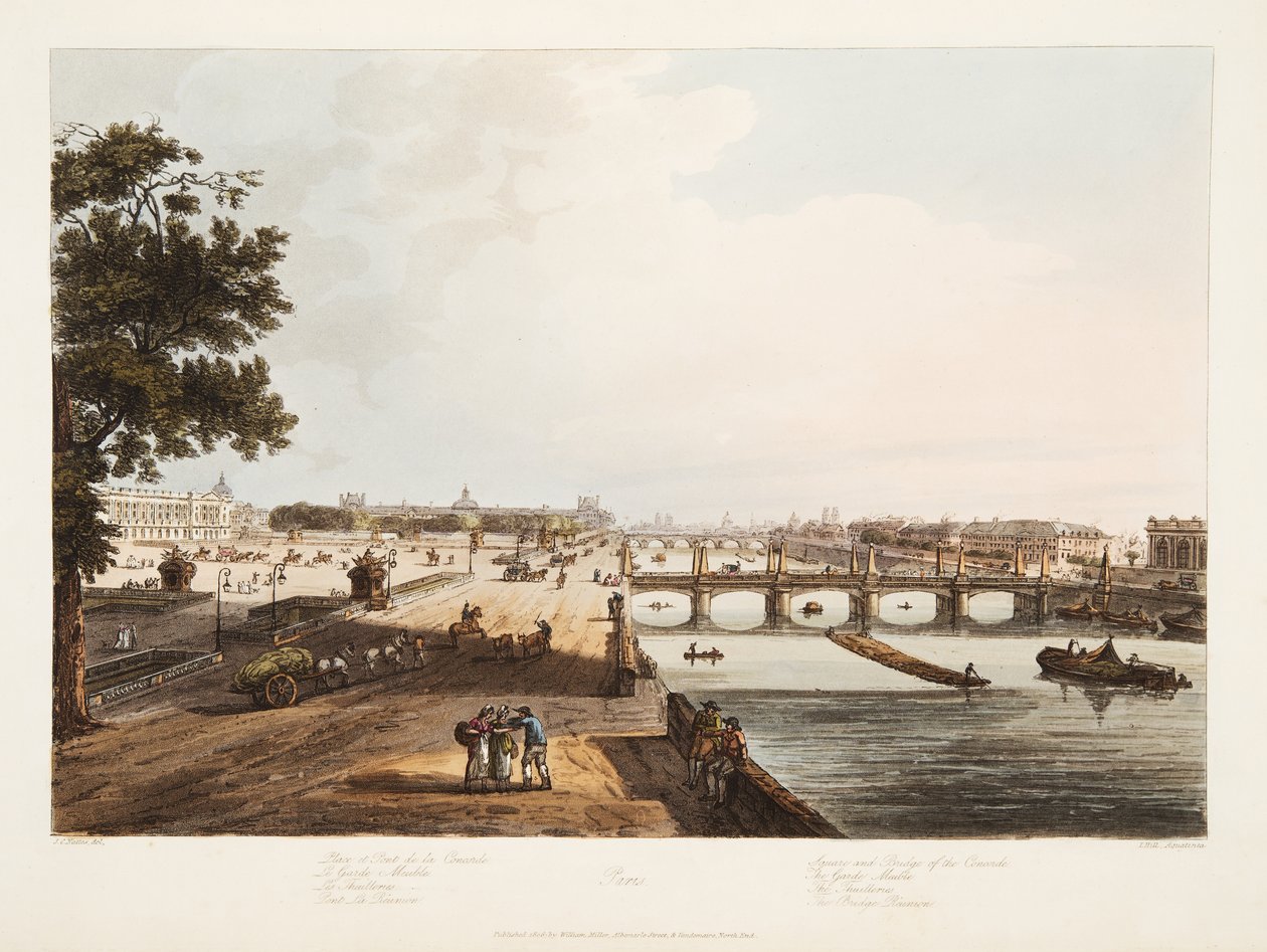 Plaza y Puente de la Concordia; El Garde Meuble; Las Tullerías; El Puente Reunión, ilustración de 