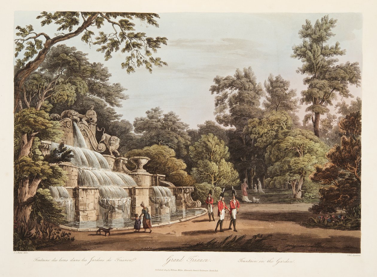 Gran Trianón, Fuente en el Jardín, ilustración de Versalles, París y Saint Denis, pub. 1805 de John Claude Nattes