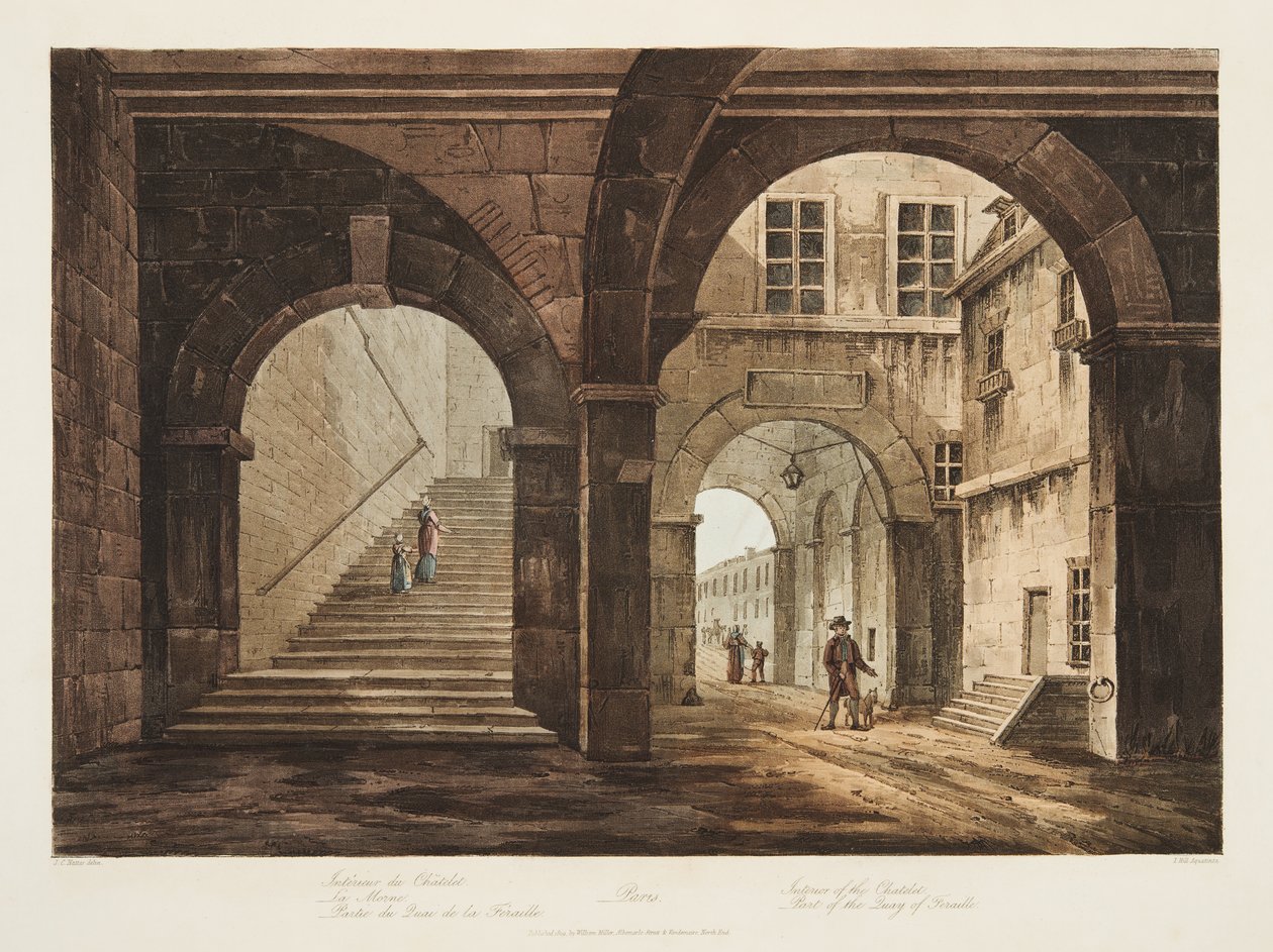 Interior del Chatelet, Parte del Muelle de Feraille, ilustración de Versalles, París y Saint Denis, pub. 1809 de John Claude Nattes