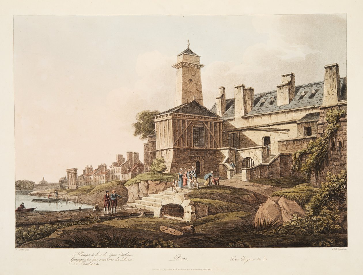 París, Carro de Bomberos, ilustración de Versalles, París y Saint Denis, pub. 1809 de John Claude Nattes