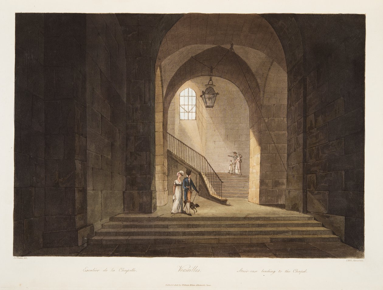 Escalera que conduce a la Capilla, ilustración de Versalles, París y Saint Denis, pub. 1806 de John Claude Nattes