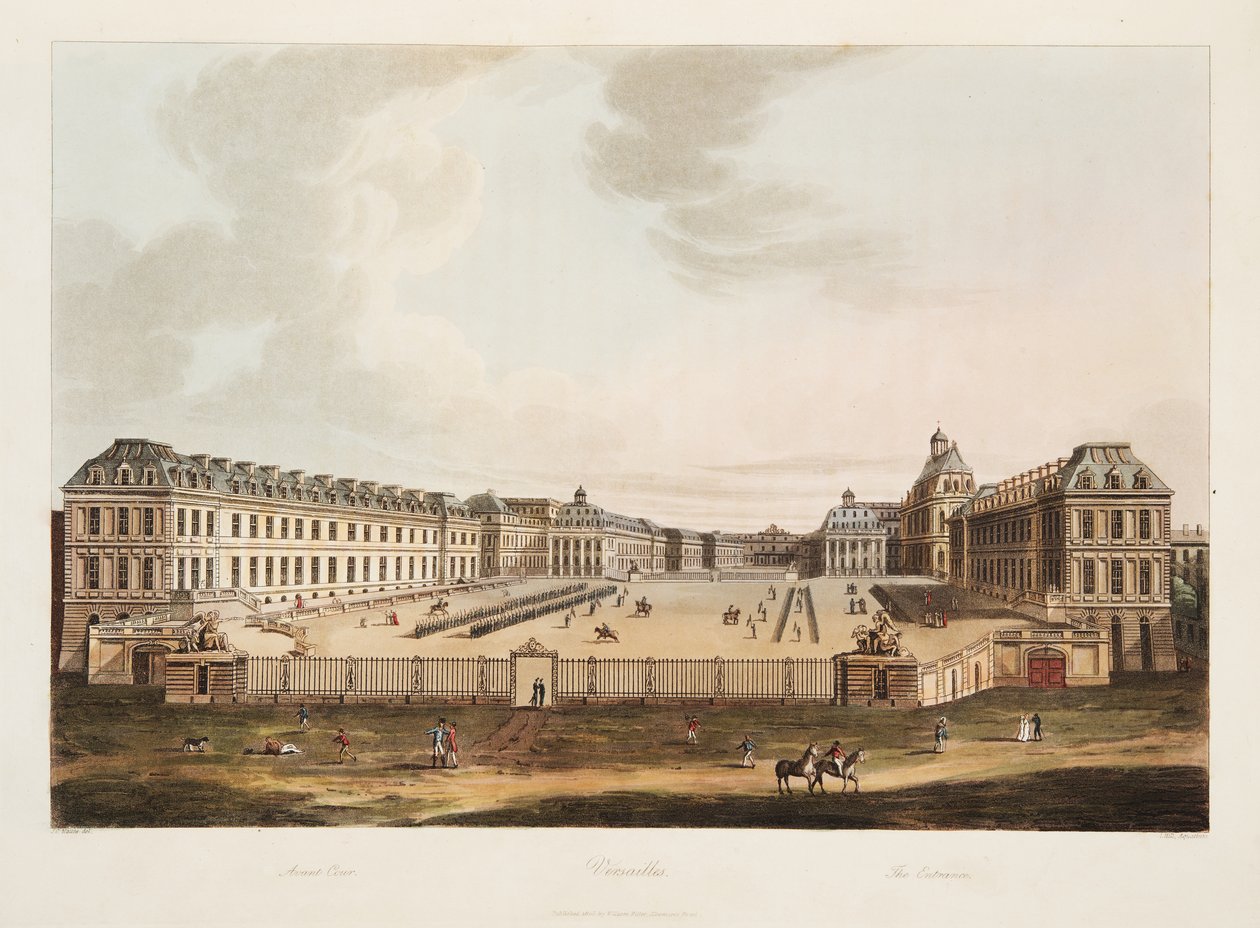La Entrada, ilustración de Versalles, París y Saint Denis, pub. 1805 de John Claude Nattes