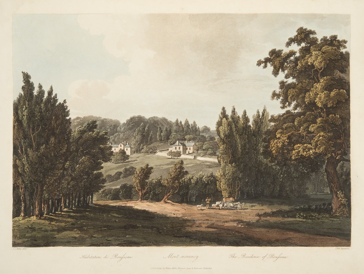 La Residencia de Rousseau, ilustración de Versalles, París y Saint Denis, pub. 1809 de John Claude Nattes
