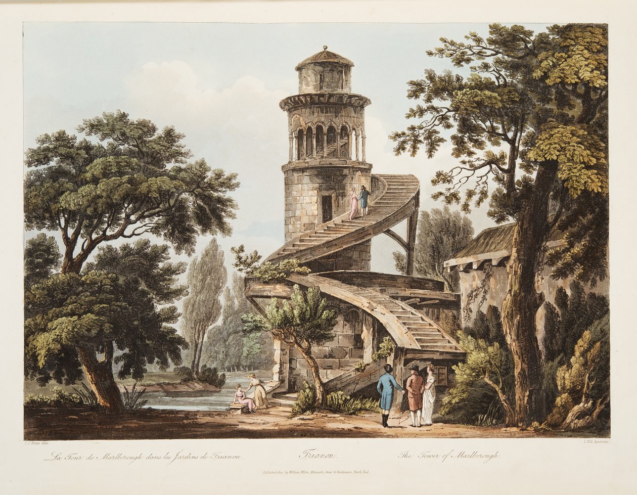 Trianón, La Torre de Marlborough, ilustración de Versalles, París y Saint Denis, pub. 1809 de John Claude Nattes