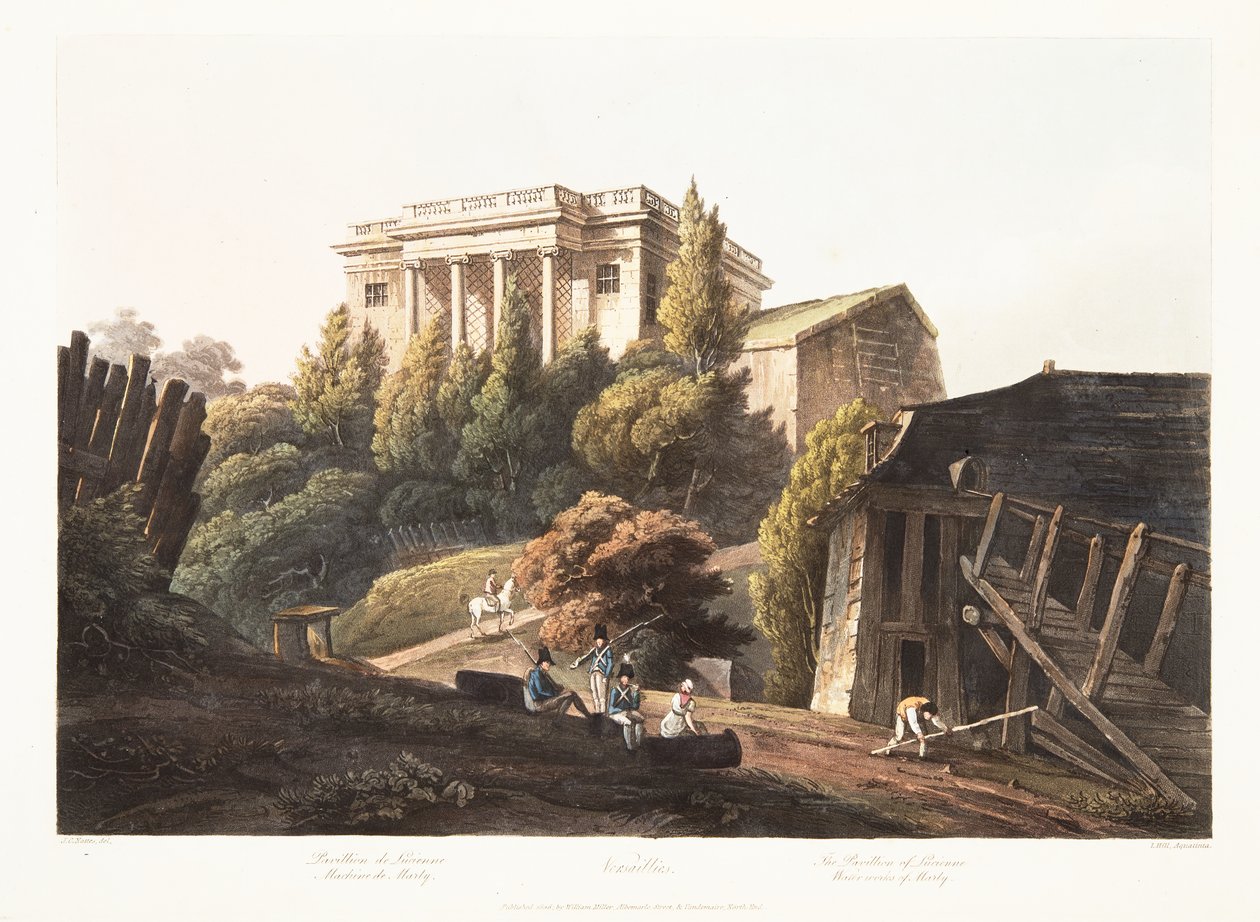 Versalles, El Pabellón de Lucienne, Obras Hidráulicas de Marly, ilustración de Versalles, París y Saint Denis, pub. 1806 de John Claude Nattes