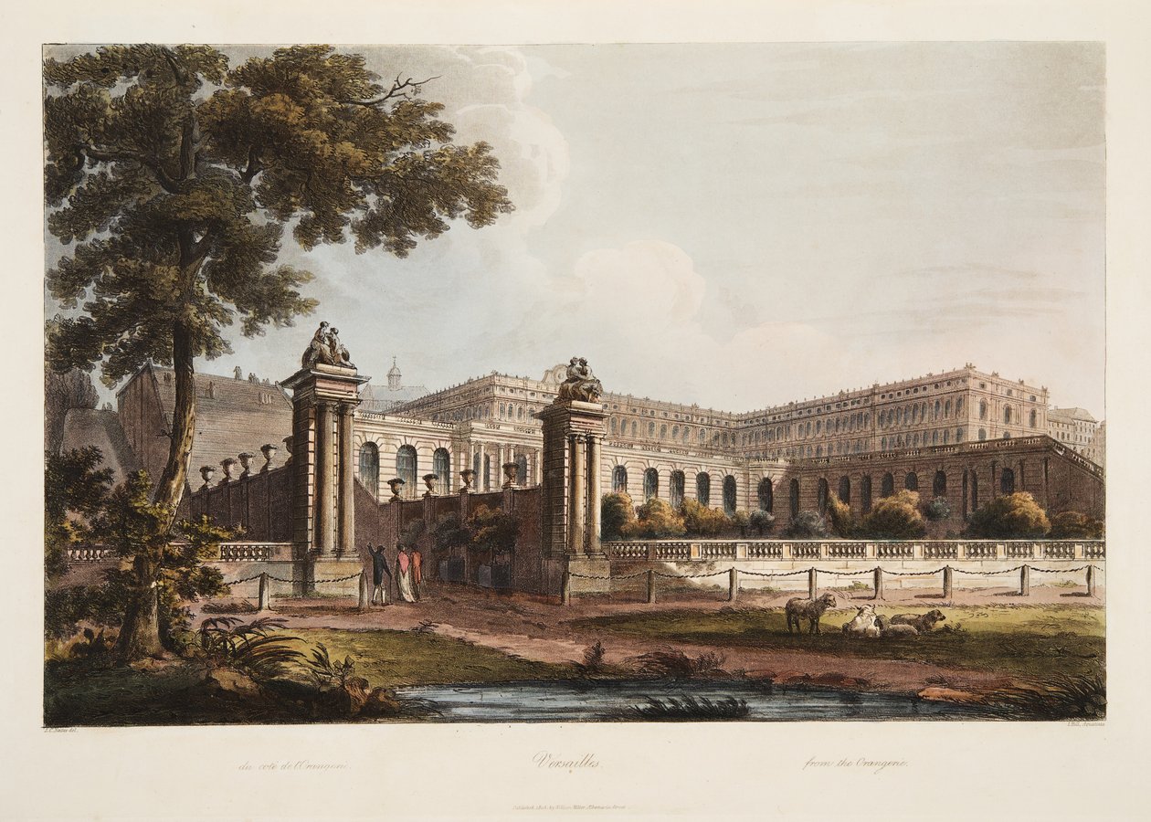 Versalles desde La Orangerie, ilustración de Versalles, París y Saint Denis, pub. 1805 de John Claude Nattes