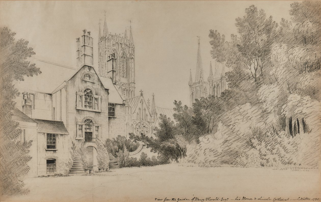Vista del jardín de Henry Thorold, Esq., su casa y la Catedral de Lincoln de John Claude Nattes