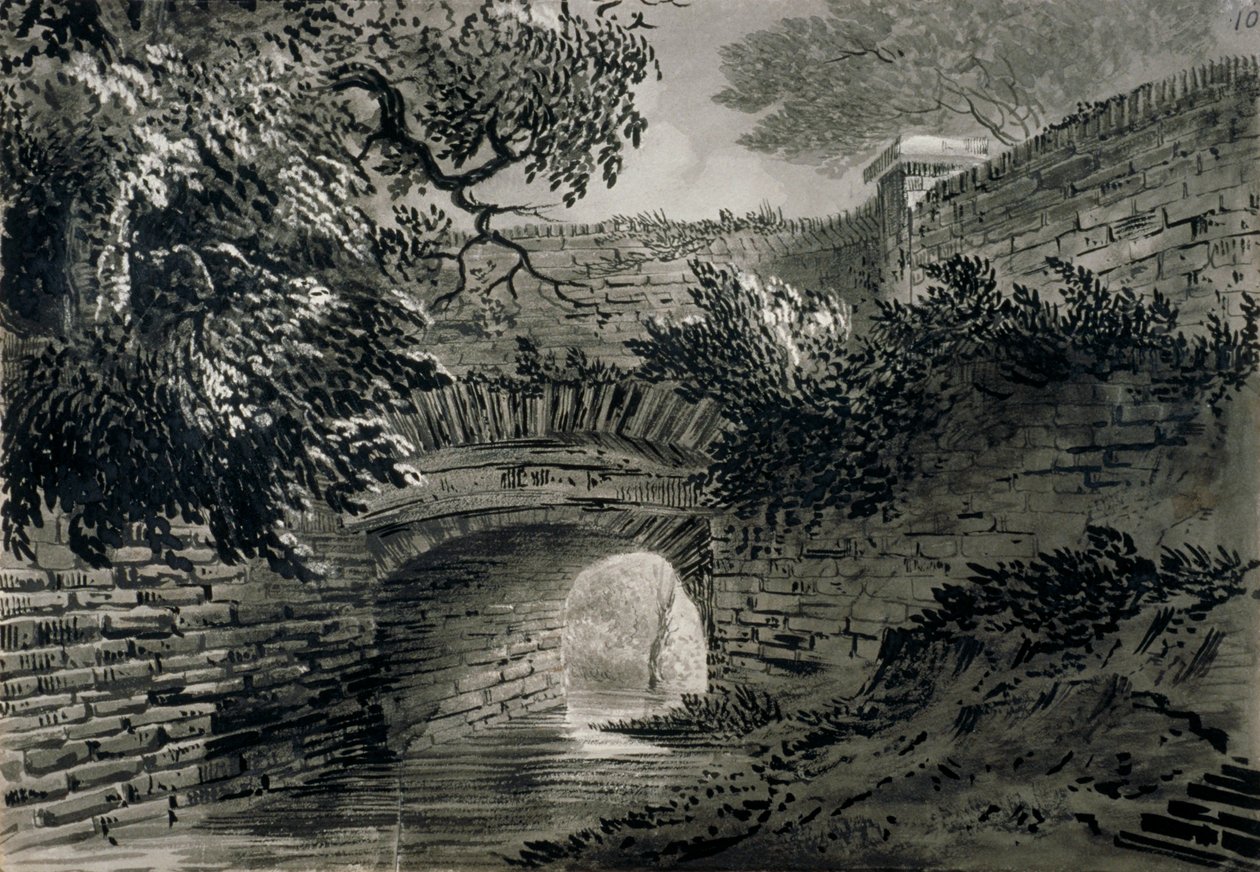 Vista de una sección del sistema de drenaje de Serpentine en Hyde Park, Londres de John Claude Nattes