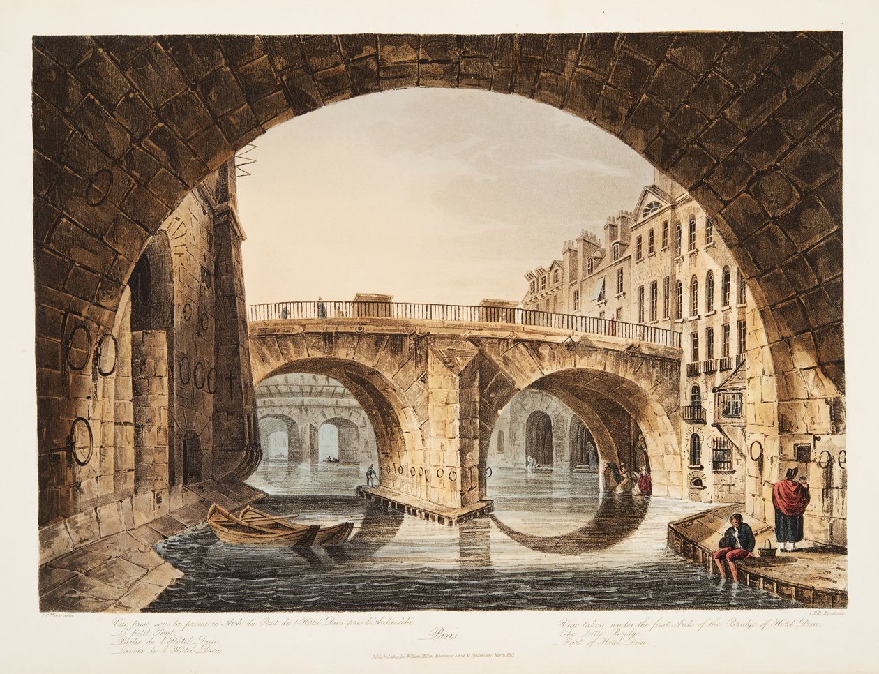 Vista tomada desde debajo del primer Arco del Puente del Hotel Dieu, el Pequeño Puente, Parte del Hotel Dieu, ilustración de Versalles, París y Saint Denis, pub. 1809 de John Claude Nattes