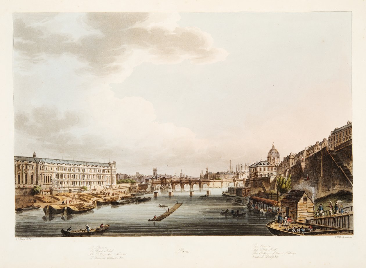 El Louvre; El Pont Neuf; El Colegio de las 4 Naciones; El muelle de Voltaire, ilustración de Versalles, París y Saint Denis, pub. 1805 de John Claude after Nattes