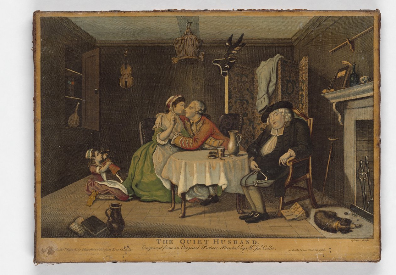 El esposo tranquilo, grabado hecho por John June, c.1768 de John Collet