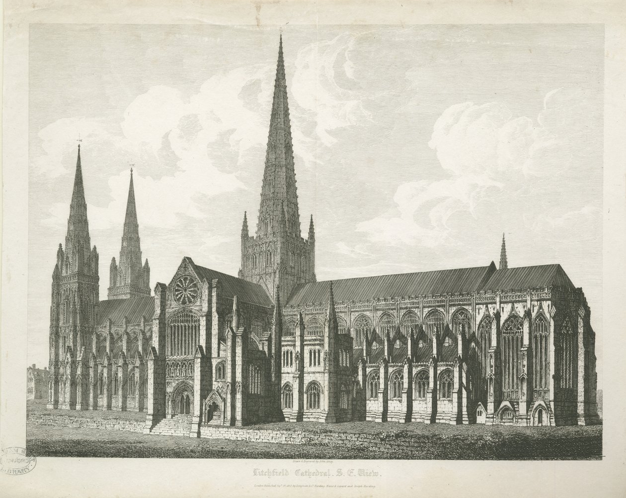 Catedral de Lichfield - Vista Sureste: grabado, nd [c 1823] de John Coney