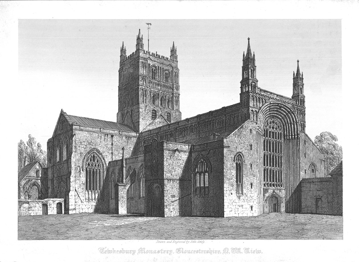 Monasterio de Tewkesbury, Gloucestershire, vista noroeste, principios del siglo XIX de John Coney