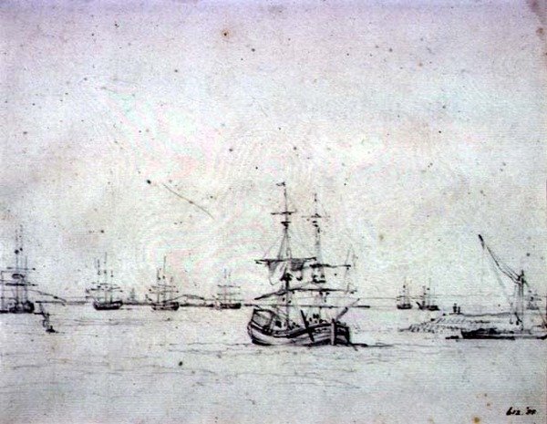 Un bergantín anclado y otros barcos en el Támesis de John Constable