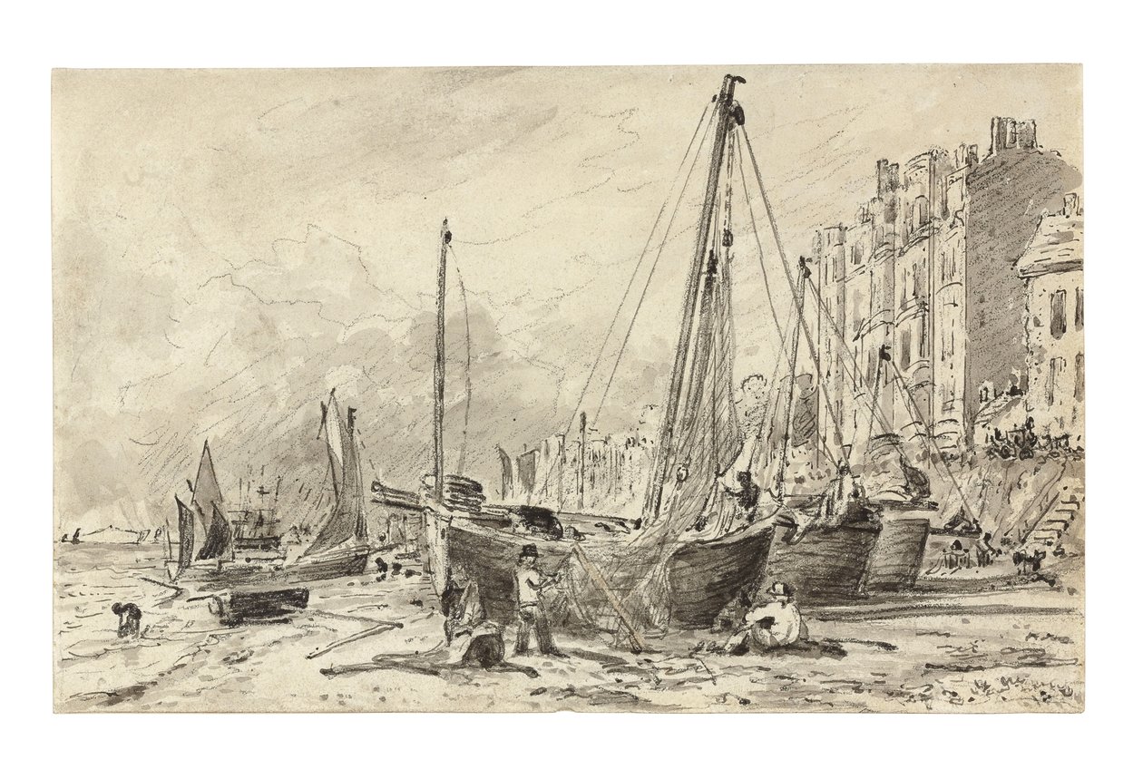 Barcos de pesca varados con pescadores reparando redes en la playa de Brighton, mirando al oeste, c.1824-28 de John Constable