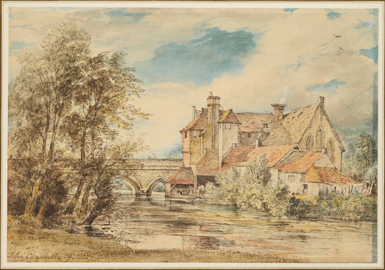 Casas antiguas en el puente de Harnam, Salisbury, con el antiguo hospital de San Nicolás de John Constable