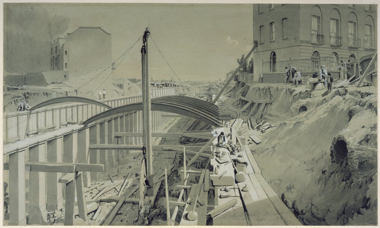 Construcción de los muros de contención en Park Street, Camden Town, septiembre de 1836 de John Cooke Bourne