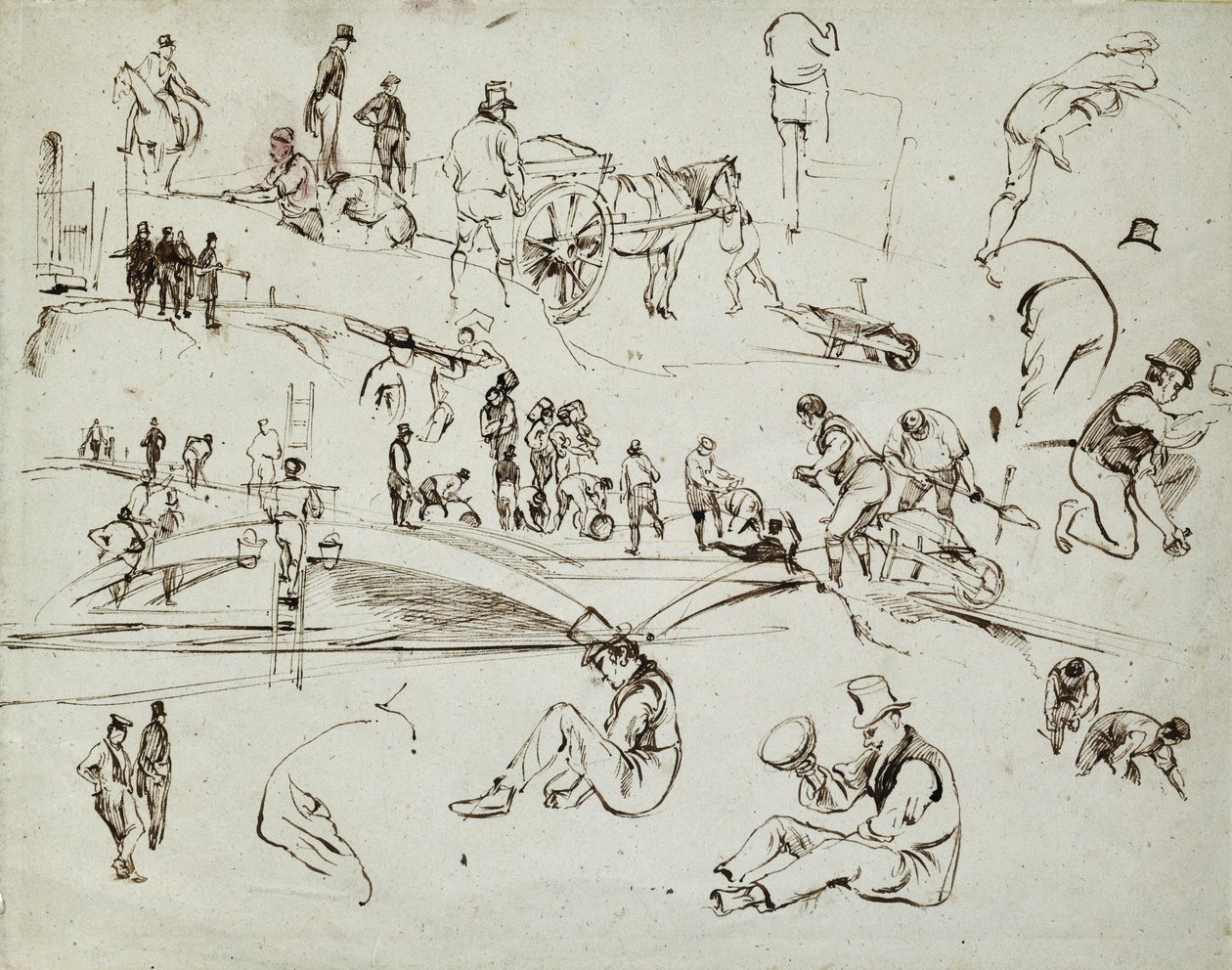 Construction of the London and Birmingham Railway, c.1835 (tinta marrón sobre papel; boceto compuesto) de John Cooke Bourne