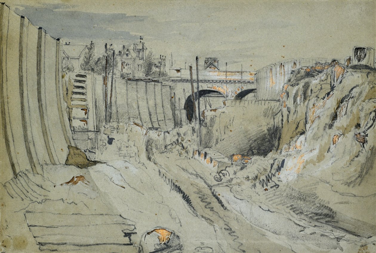 Construcción del ferrocarril de Londres y Birmingham, hacia 1835 (lápiz y aguada sobre papel) de John Cooke Bourne