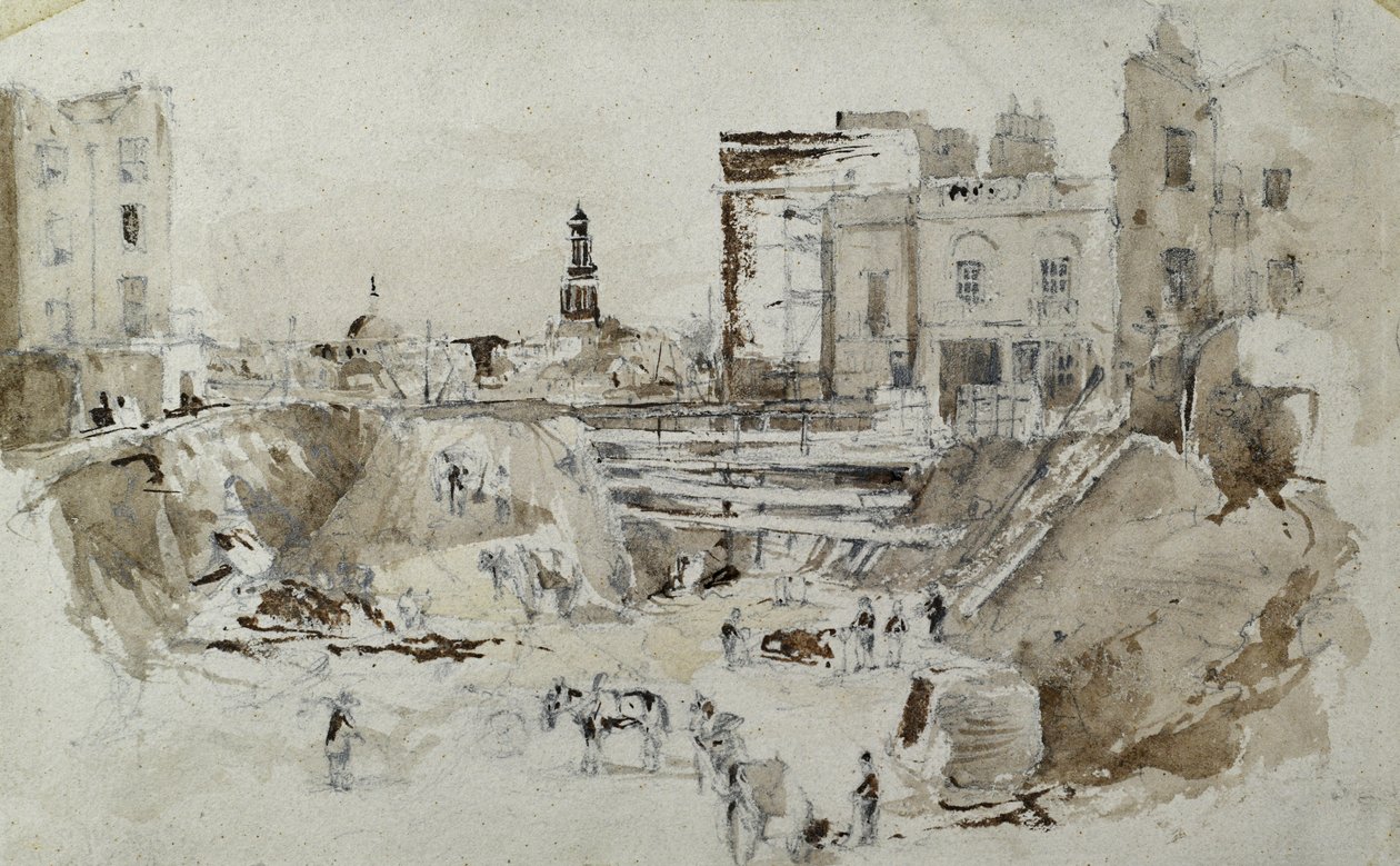Construcción del ferrocarril de Londres y Birmingham, hacia 1835 (lápiz y aguada sobre papel) de John Cooke Bourne