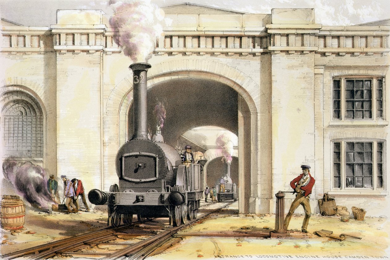 Entrada a la Casa de Máquinas de Locomotoras, Camden Town, grabado por el artista, 1839 de John Cooke Bourne