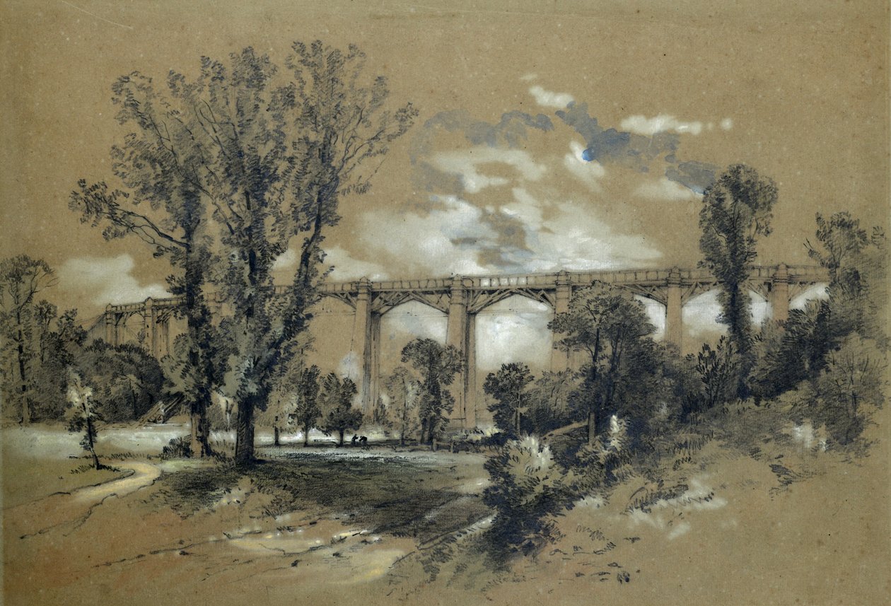 El viaducto de Blatchford, c.1835-38 (lápiz y aguada sobre papel) de John Cooke Bourne
