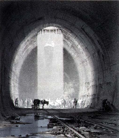 Pozo de trabajo, túnel de Kilsby, 8 de julio de 1837, grabado por el artista de John Cooke Bourne