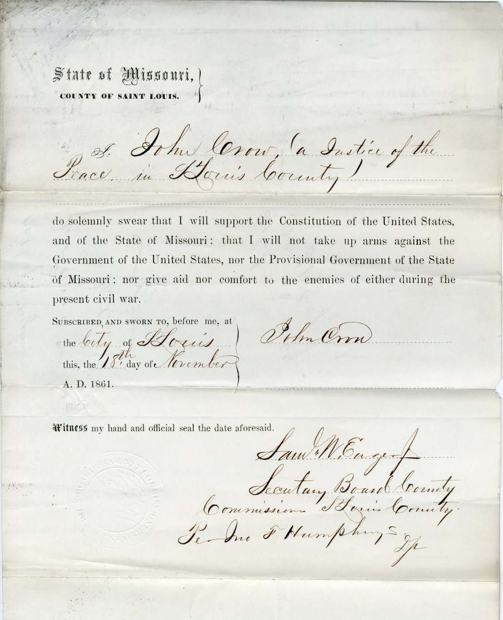 Juramento de lealtad de John Crow de Missouri, Condado de St. Louis de John Crow