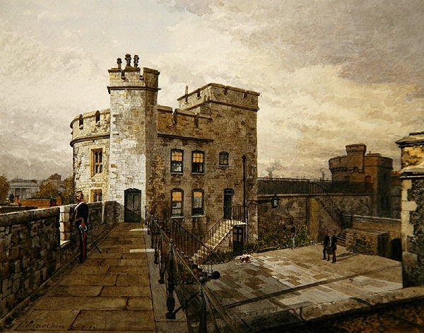 Vista de la Torre Devereux, Torre de Londres, con figuras en ropa militar de John Crowther