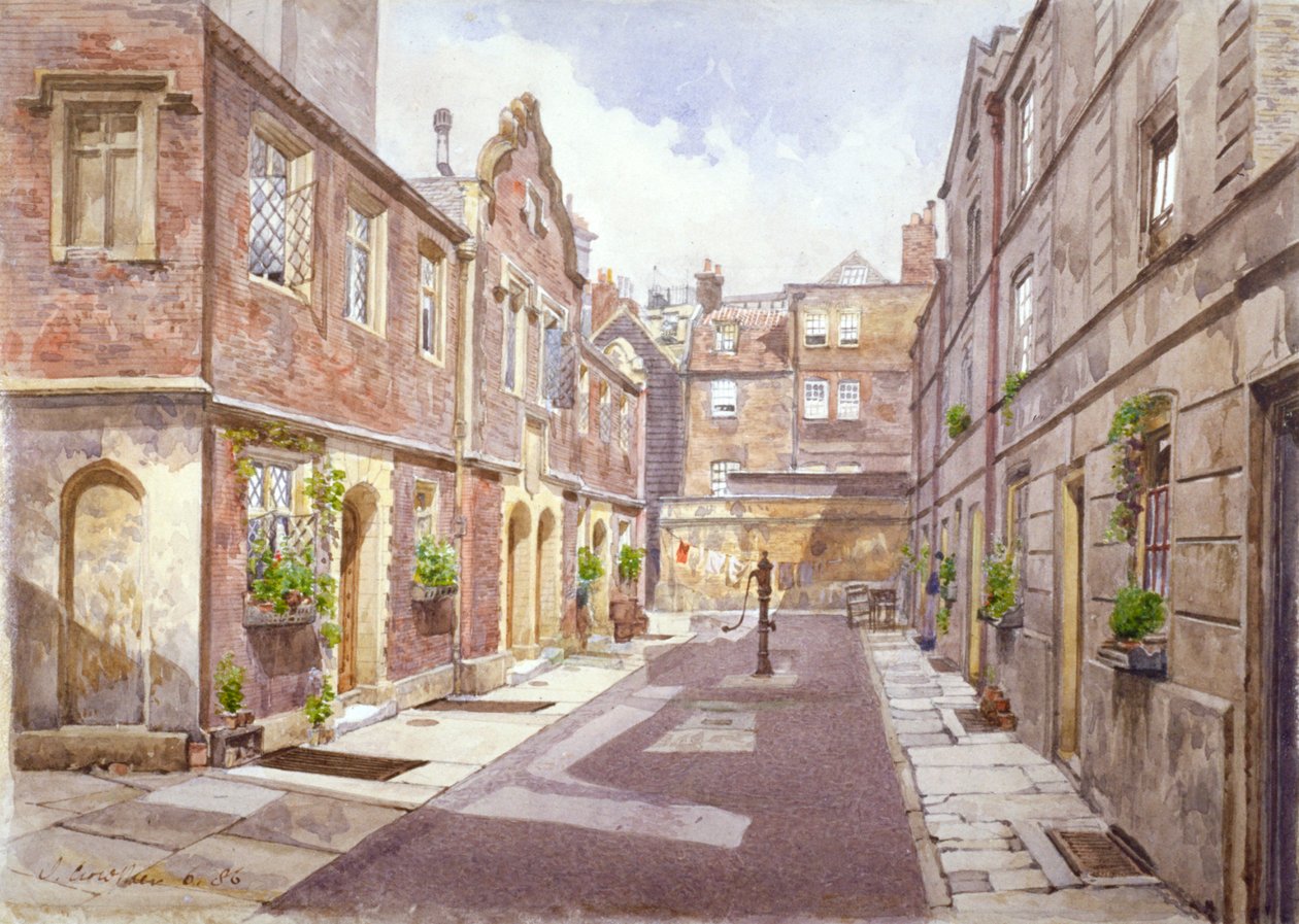 Vista de casas de beneficencia en Cock Court, Jewry Street, Ciudad de Londres, 1886 de John Crowther