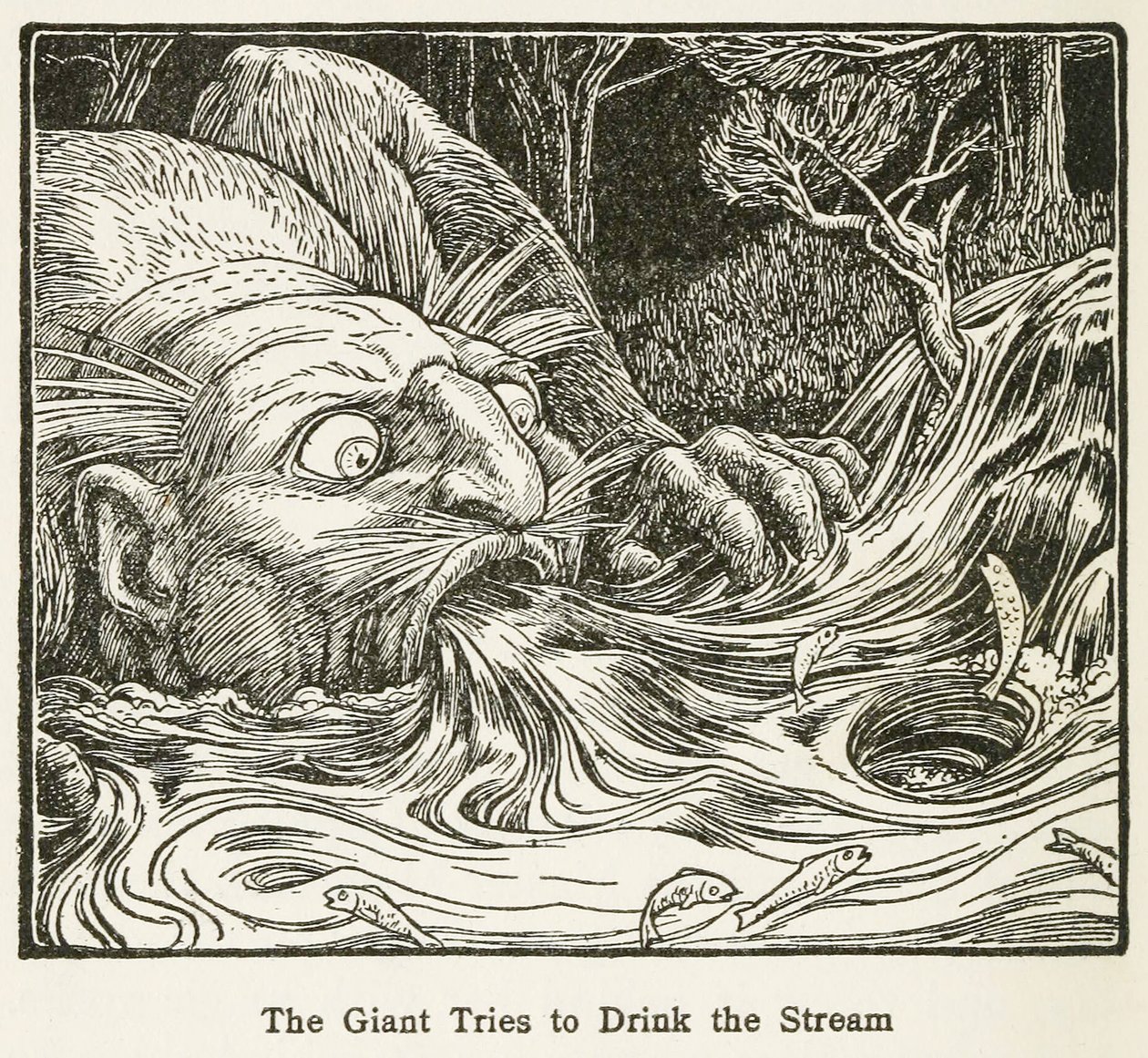 El gigante intenta beber del arroyo, de El libro de hadas de Europa, pub. 1916 (grabado) de John Dickson Batten