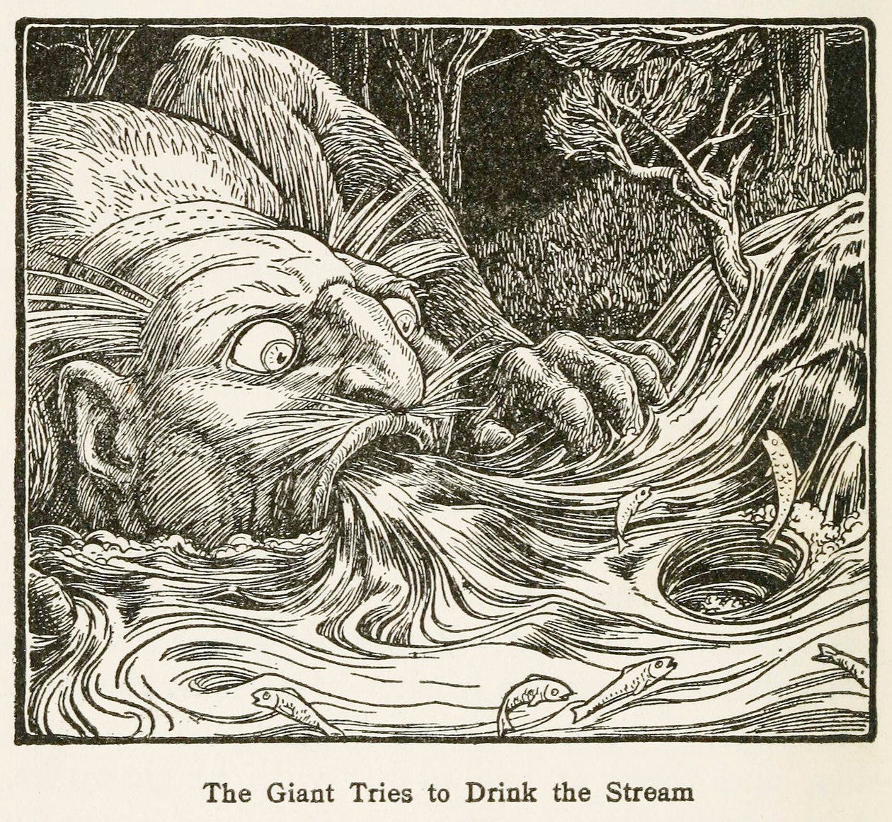 El gigante intenta beber del arroyo, del libro de cuentos de hadas de Europa de John Dickson Batten